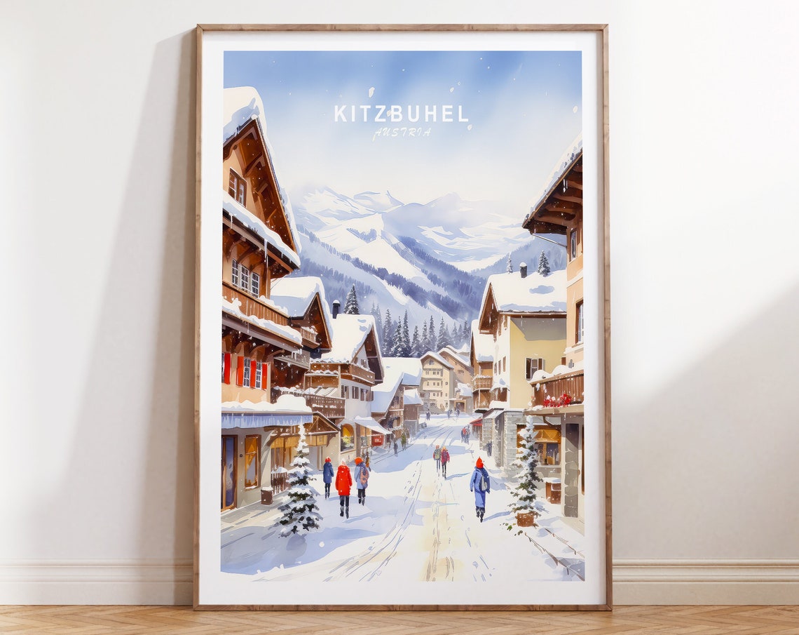 Kitzbuhel Austria Winter Street Travel Poster Snowy Chalet Scene Decor