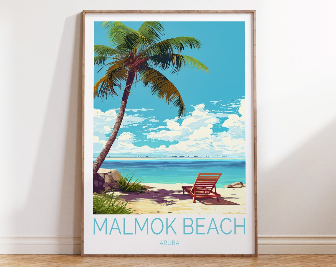 Malmok Beach Aruba Palm Tree Beach Chair Retro Travel Poster