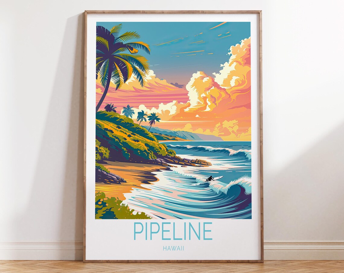 Pipeline Hawaii Sunset Palm Beach Surfer Wave Surf Travel Poster