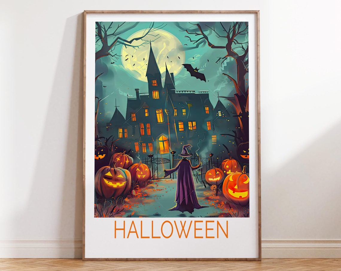 Halloween Haunted House Witch Pumpkins Full Moon Spooky Poster