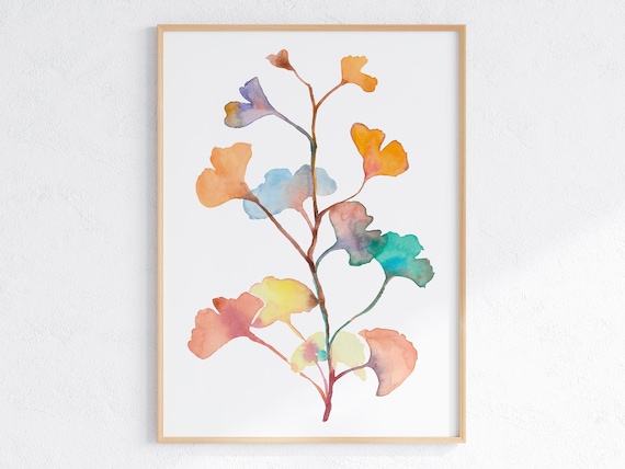 Colorful Ginkgo Leaves Watercolor Botanical Branch Art Poster
