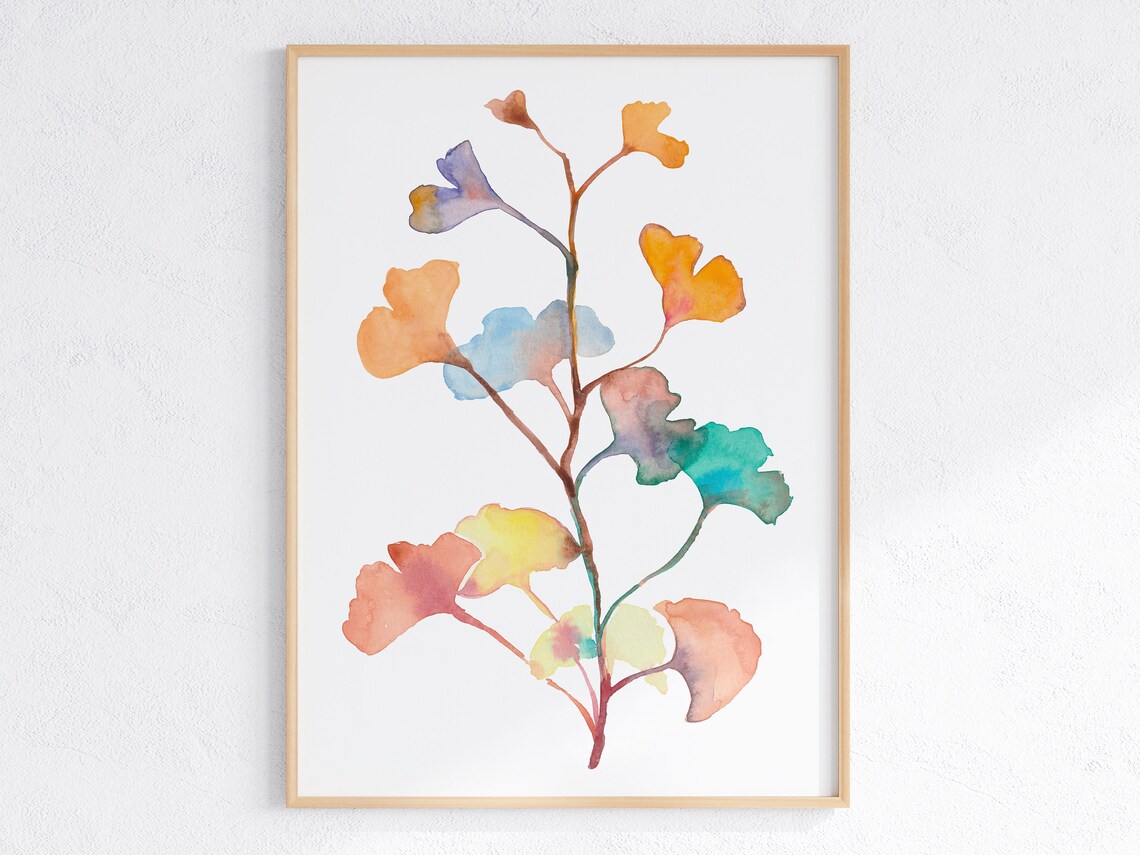 Colorful Ginkgo Leaves Watercolor Botanical Branch Art Poster
