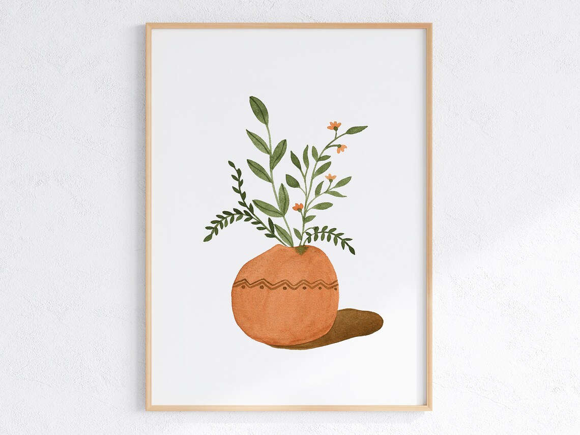 Boho Watercolor Green Plant in Round Terracotta Pot Wall Art