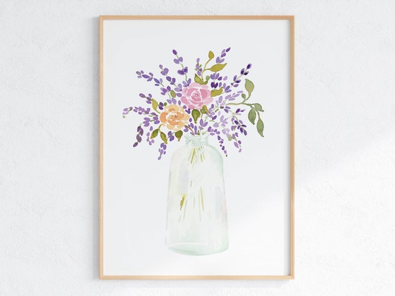Lavender Flower Bouquet in Vase Watercolor Art Print