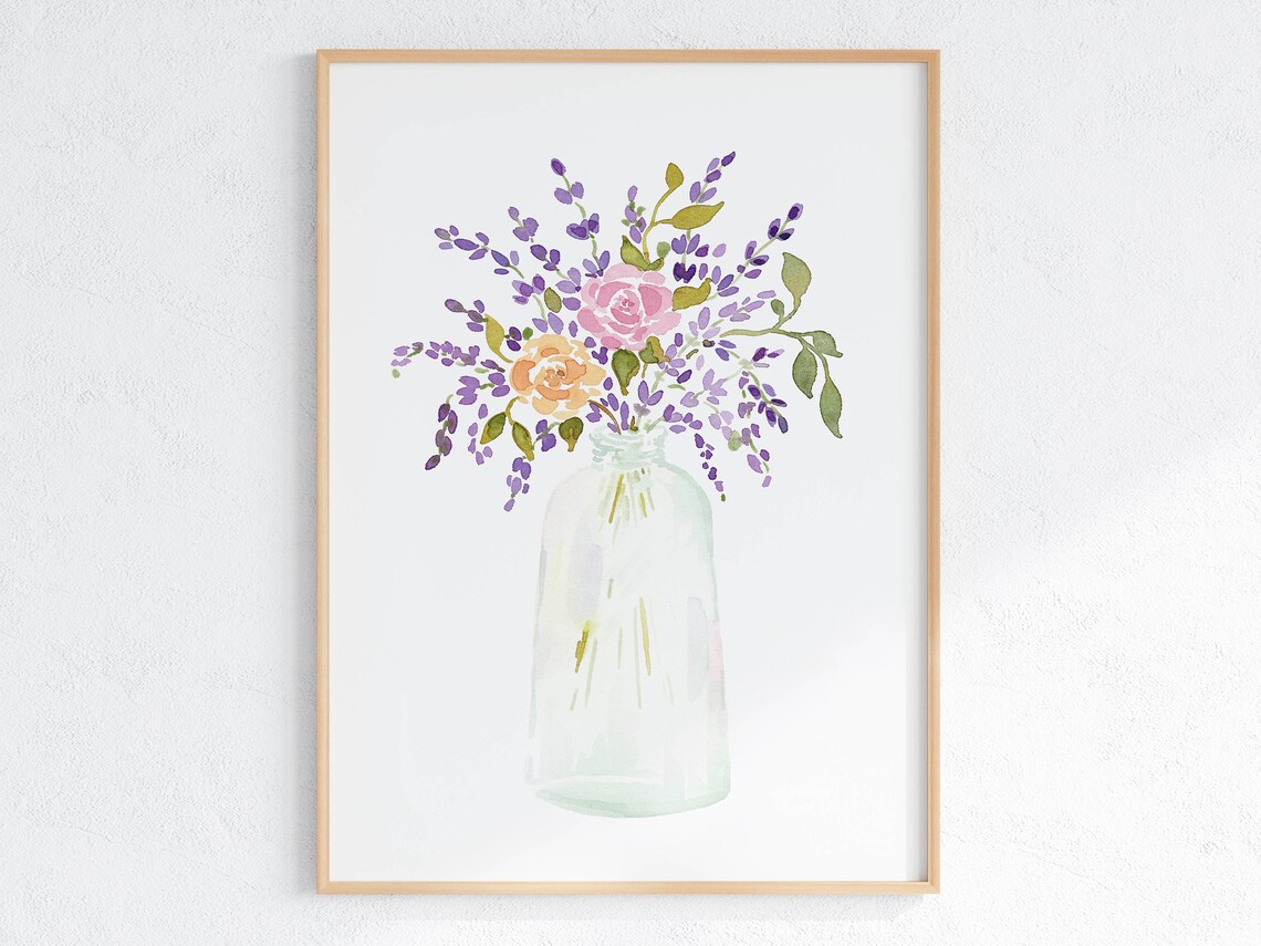 Lavender Flower Bouquet in Vase Watercolor Art Print