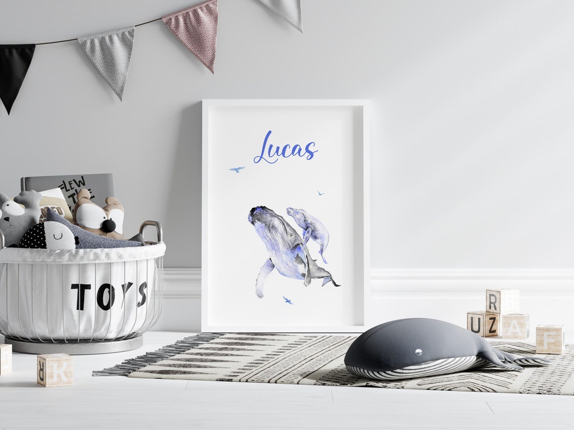 Lucas Personalized Humpback Whales Watercolor Nursery Art Poster - Image 3