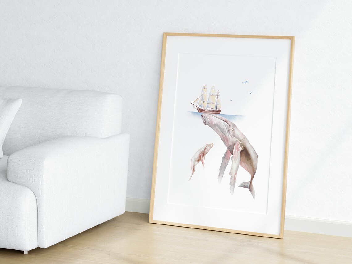 Whale Mom And Baby Watercolor Nursery Art Print - Image 3