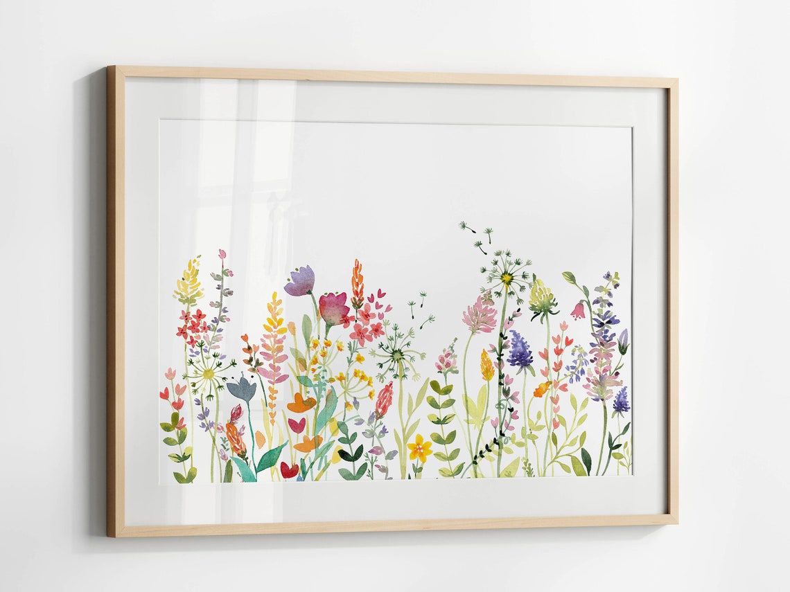 Colorful Wildflower Meadow Horizontal Watercolor Botanical Poster