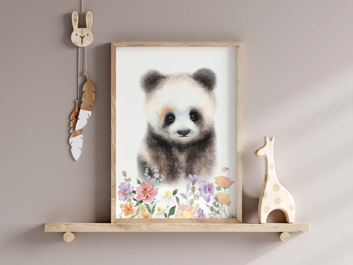 Baby Panda Watercolor Flowers Sweet Nursery Animal Art Poster - Image 2