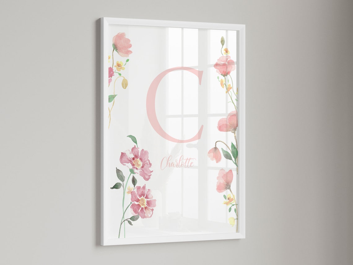 Personalized Floral Initial Watercolor Nursery Name Art Print - Image 3