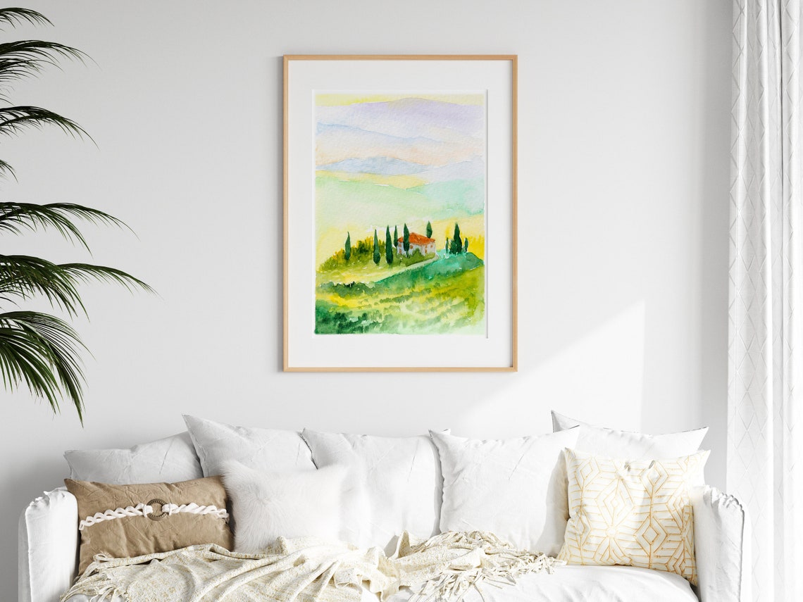 Tuscany Watercolor Farmhouse Among Cypress Trees at Dawn Print - Image 3