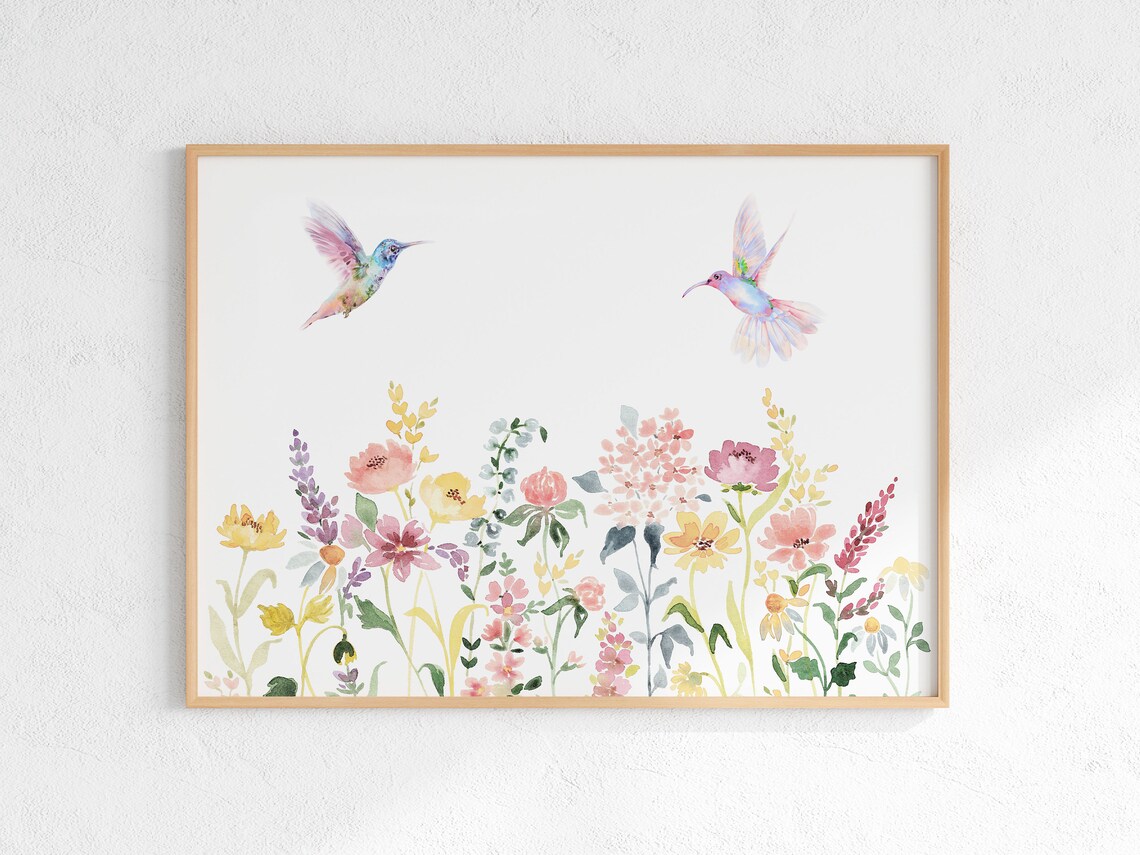 Wildflowers and Hummingbird Watercolor Art Print