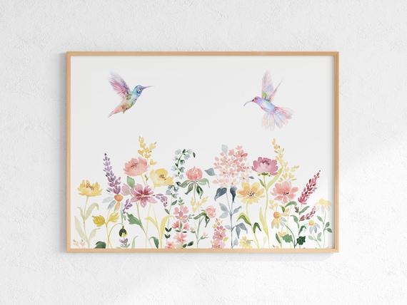 Wildflowers and Hummingbird Watercolor Art Print
