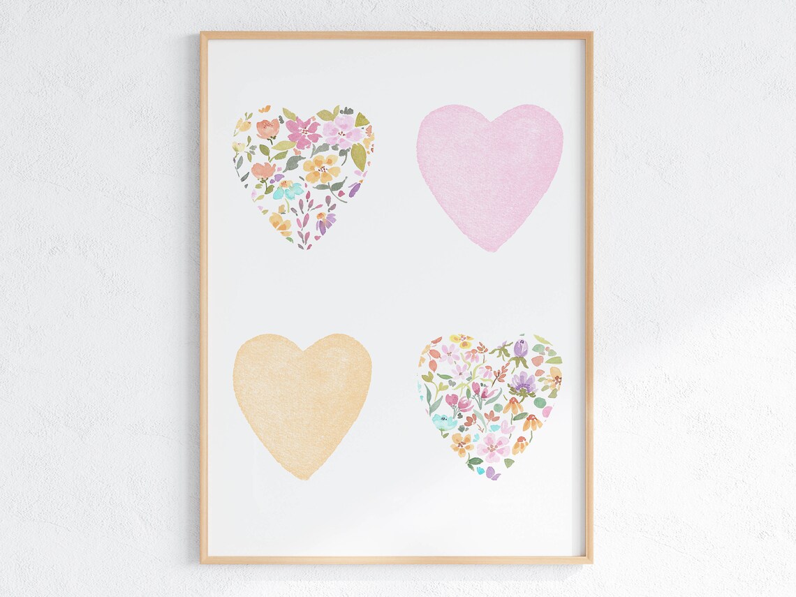 Floral Hearts Watercolor Art Print, Boho Girls Room - Image 3
