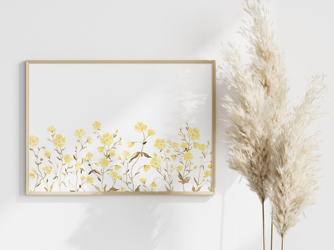 Yellow Buttercup Wildflowers Horizontal Watercolor Art Print