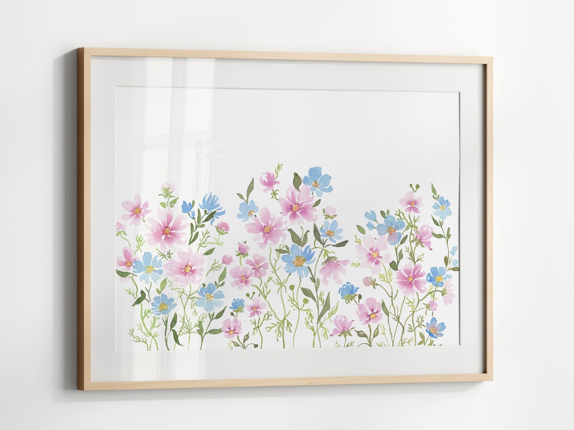 Pink And Blue Cosmos Wildflowers Watercolor Horizontal Art Poster