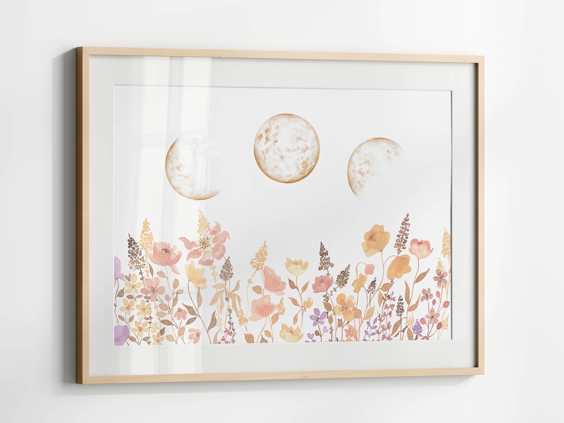 Boho Wildflowers Moon Phases Neutral Watercolor Floral Landscape Poster - Image 3