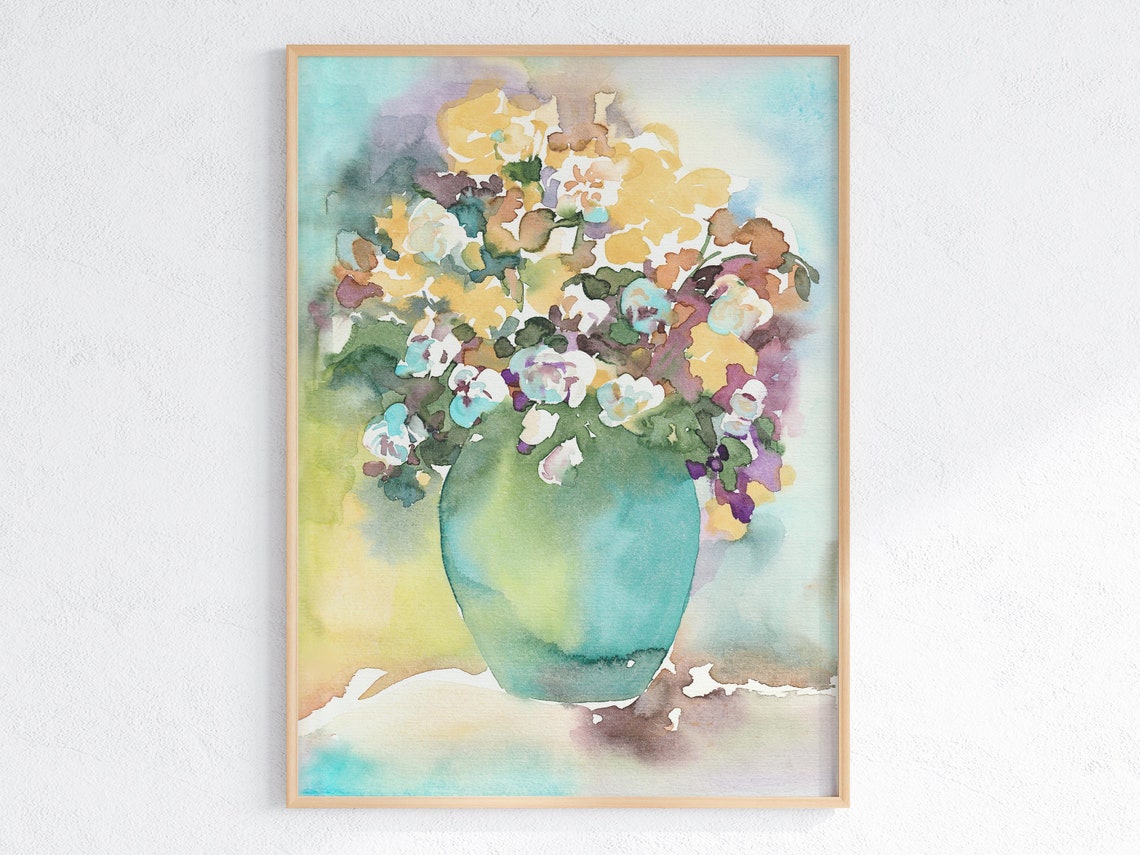 Colorful Wildflower Bouquet Teal Vase Impressionist Watercolor Poster