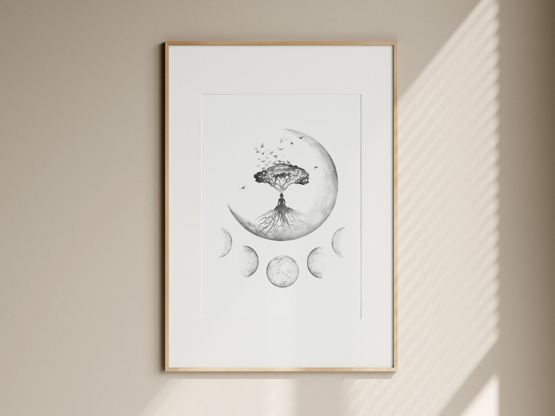 Tree Of Life Moon Phases Black White Meditation Spiritual Art Poster - Image 2