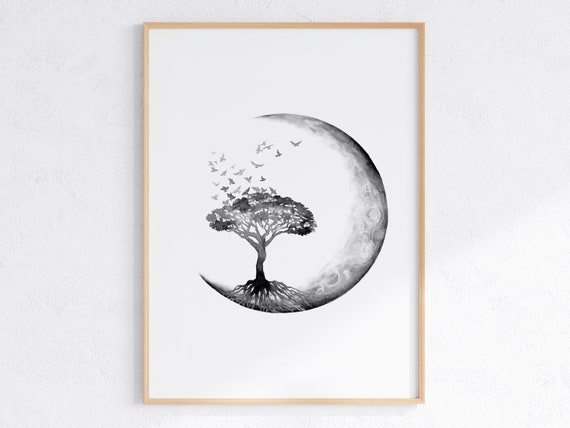 Tree Of Life Print Moon With Flock Of Birds Artwork Spiritual Wall Art Meditation Room Decor Zen Poster