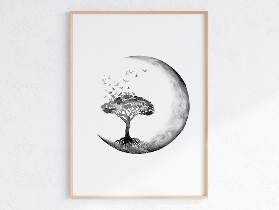 Tree Of Life With Moon And Birds Black Watercolor Spiritual Print