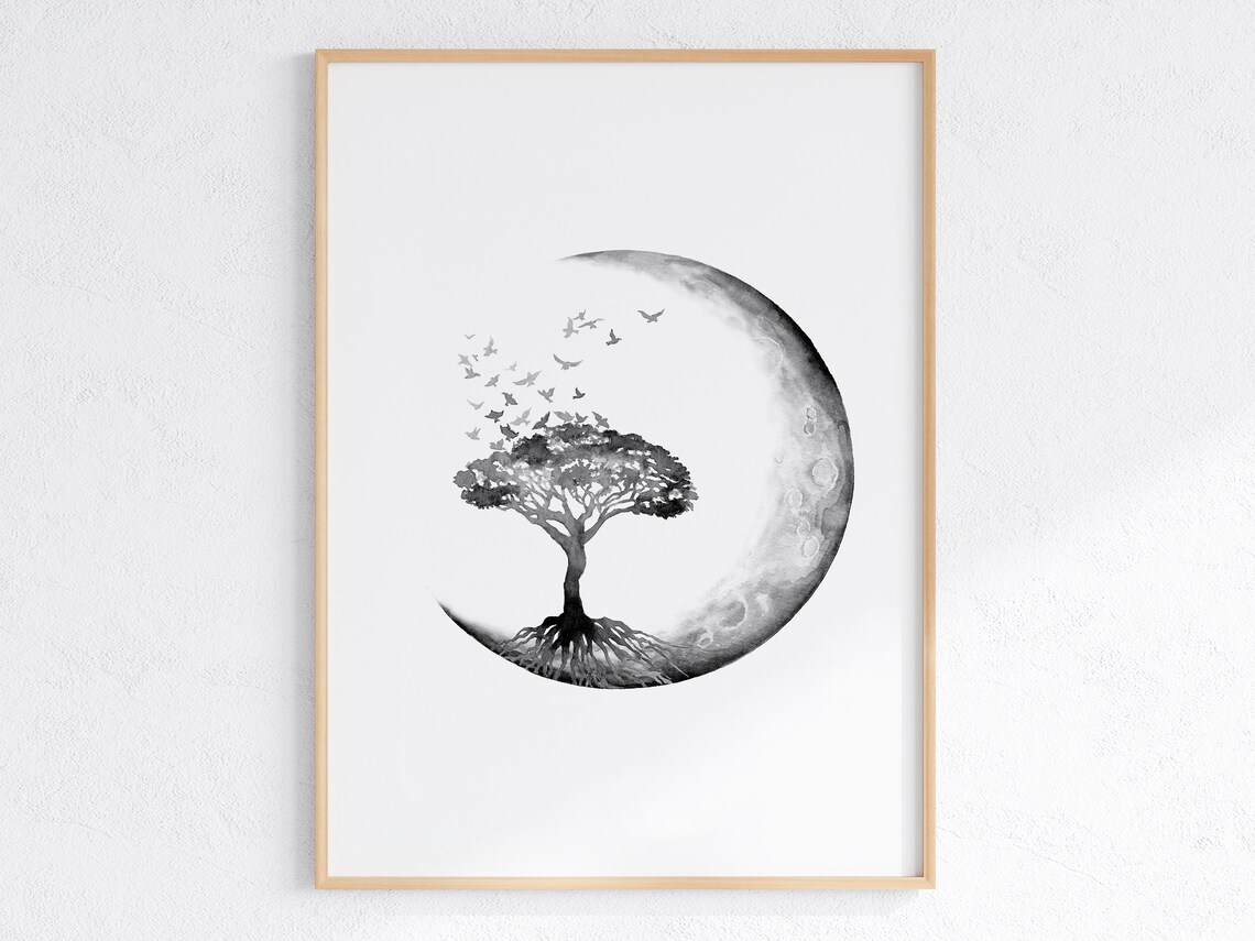 Tree Of Life With Moon And Birds Black Watercolor Spiritual Print