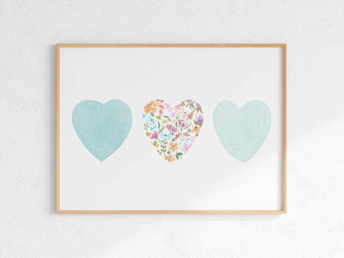 Blue Hearts Poster Watercolor Floral Mosaic Heart Trio Nursery Decor