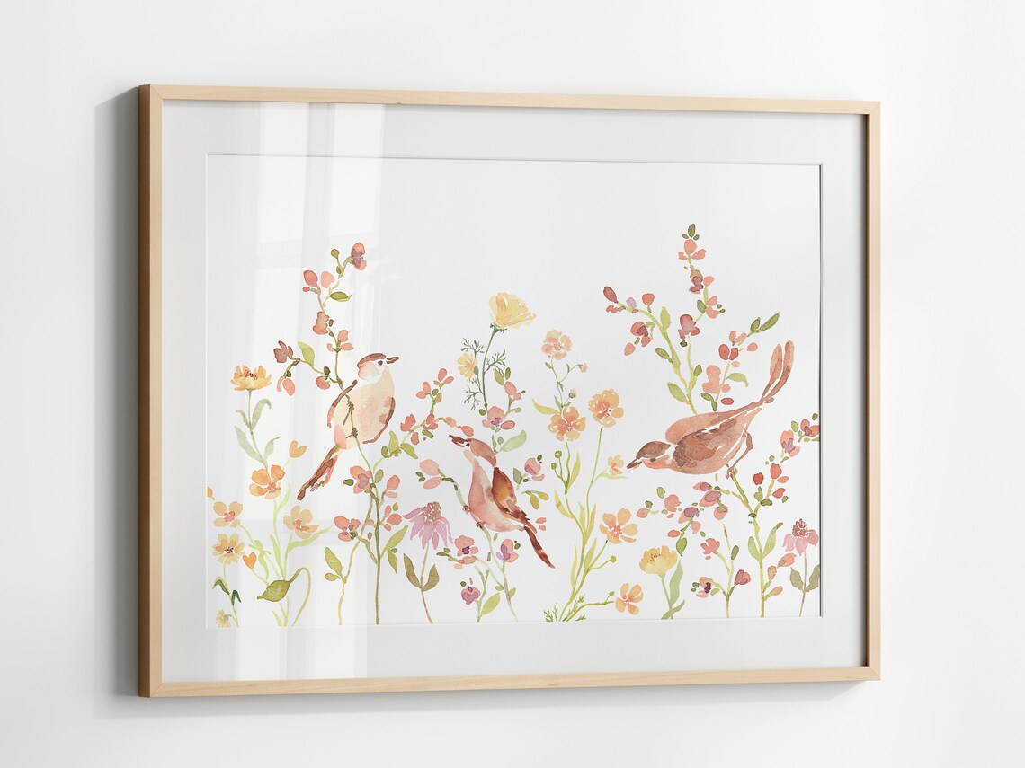 Birds on Flower Branches Watercolor Art Print - Image 3