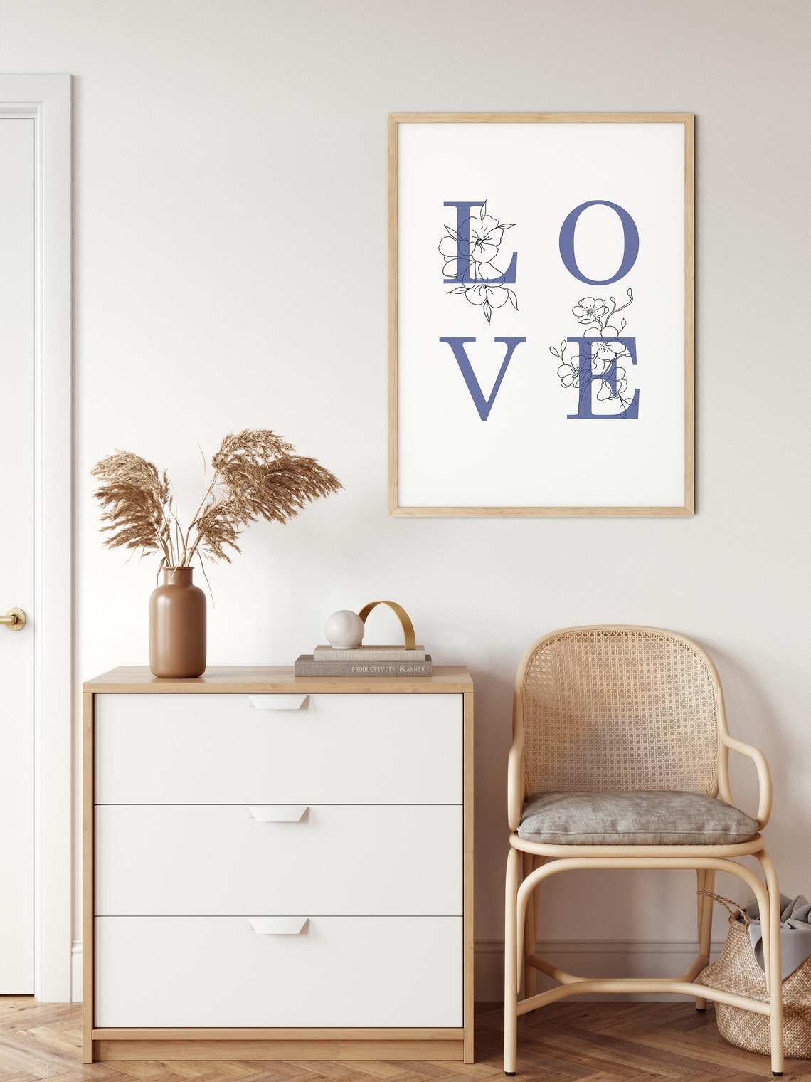 Love Word Floral Botanical Typography Minimalist Blue Art Poster - Image 2
