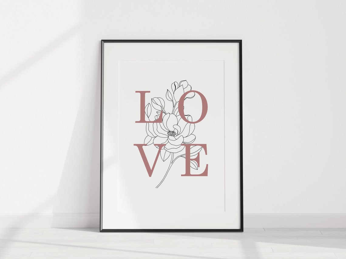 Minimalist Blush Love Typography Magnolia Floral Line Art Poster - Image 3