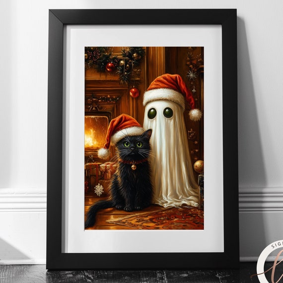 Christmas Spooky Ghost Wall Art Black Cat And Ghost Oil Painting Print Dark Academia Cottagecore Witchy Halloween Decor Cute 6 Xms019