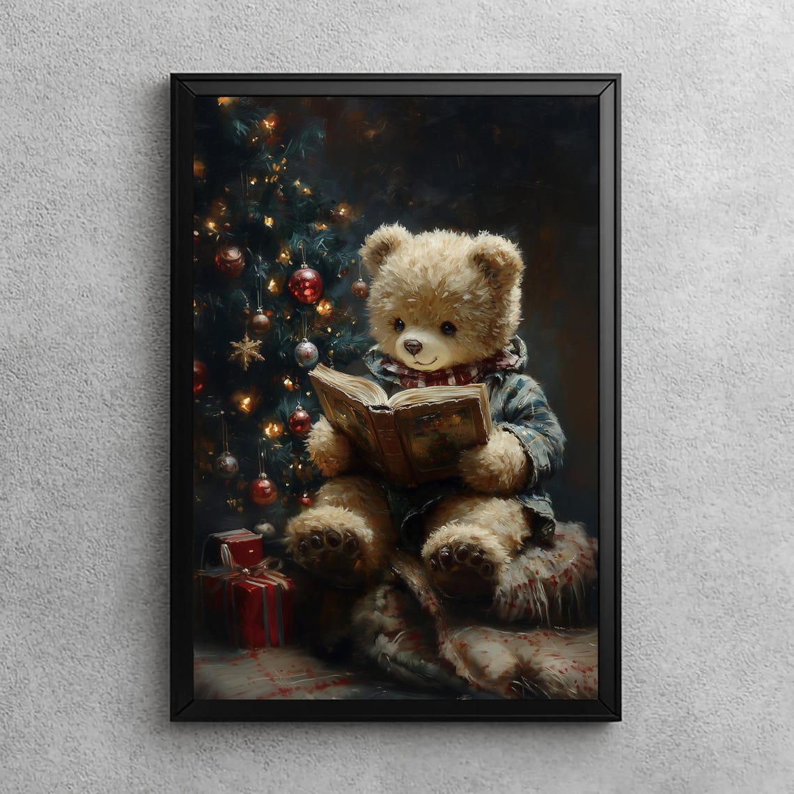 Teddy Bear Reading a Book by the Christmas Tree Holiday Poster