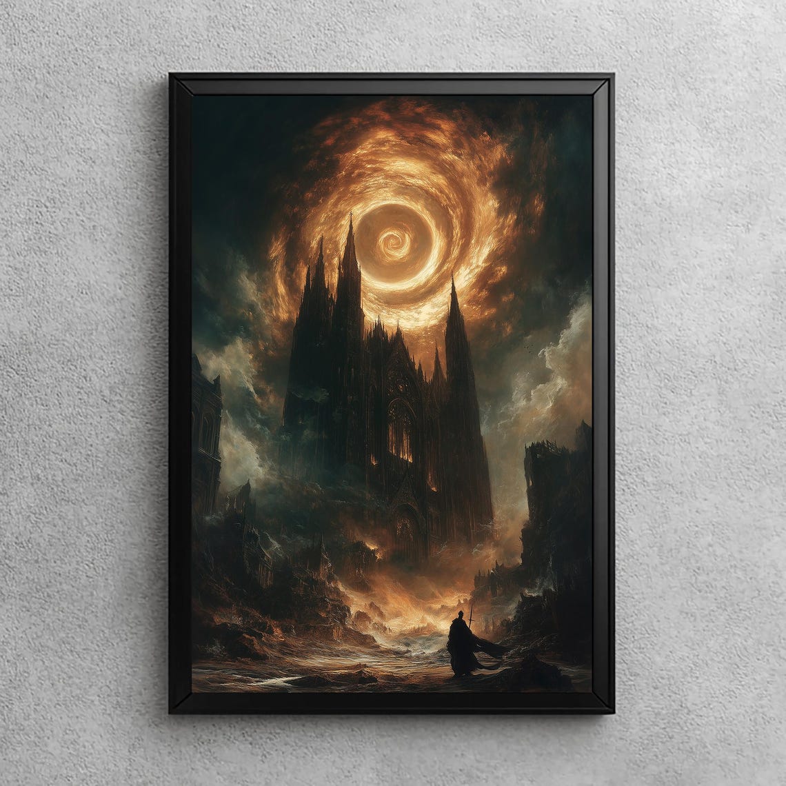 Dark Gothic Cathedral Golden Sky Vortex Medieval Ruins Wall Art