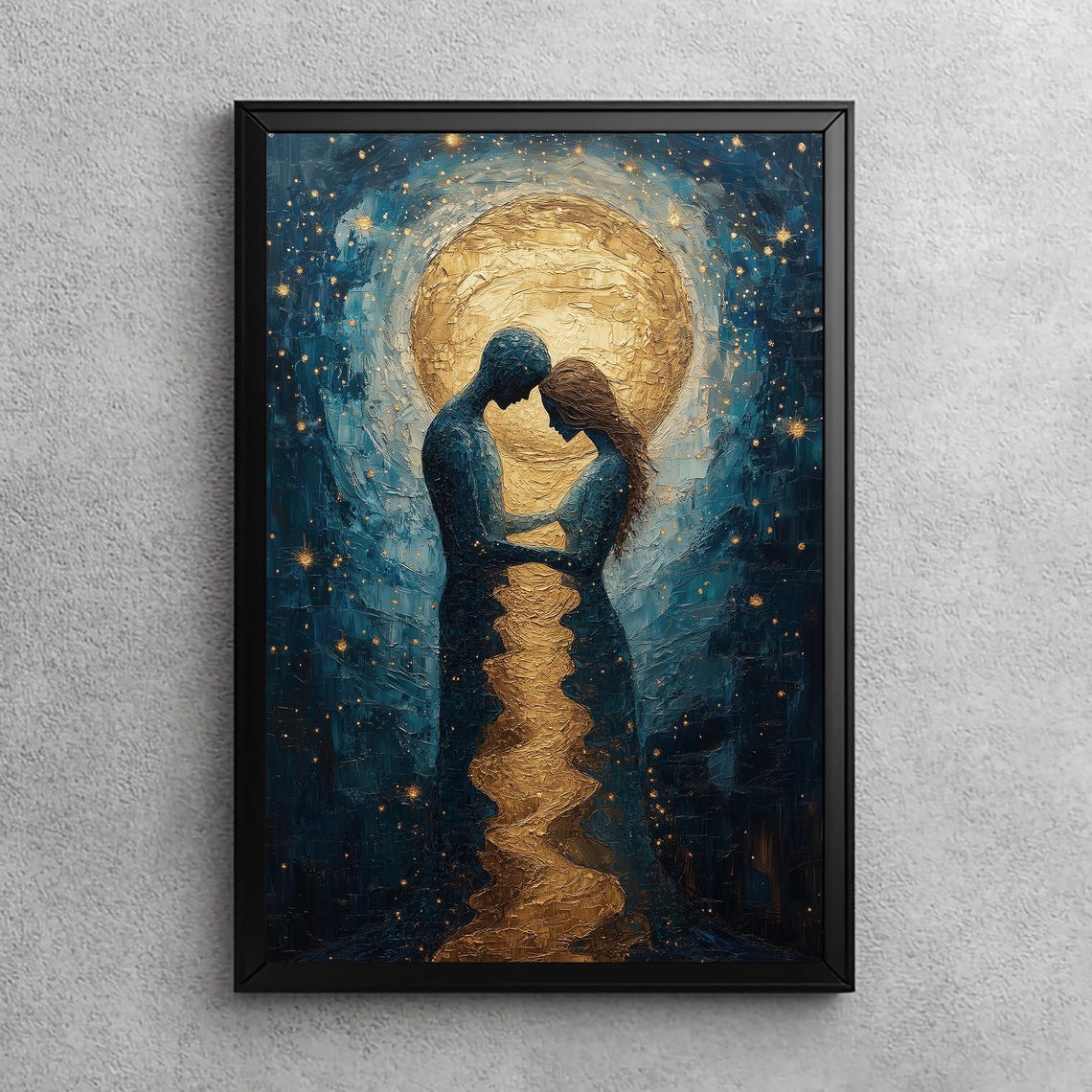 Starry Night Golden Moon Lovers Embrace Romantic Couple Poster
