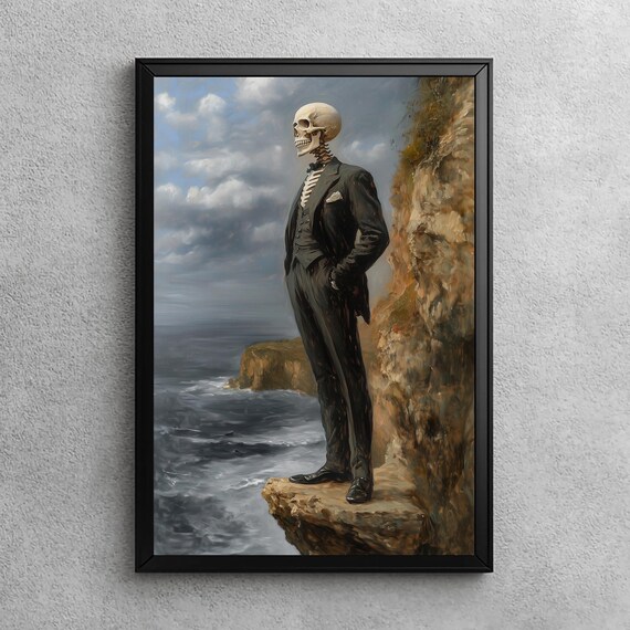 Eternal Contemplation Victorian Skeleton Oil Painting Halloween Wall Decor Spooky Dark Academia Art Moody Artwork