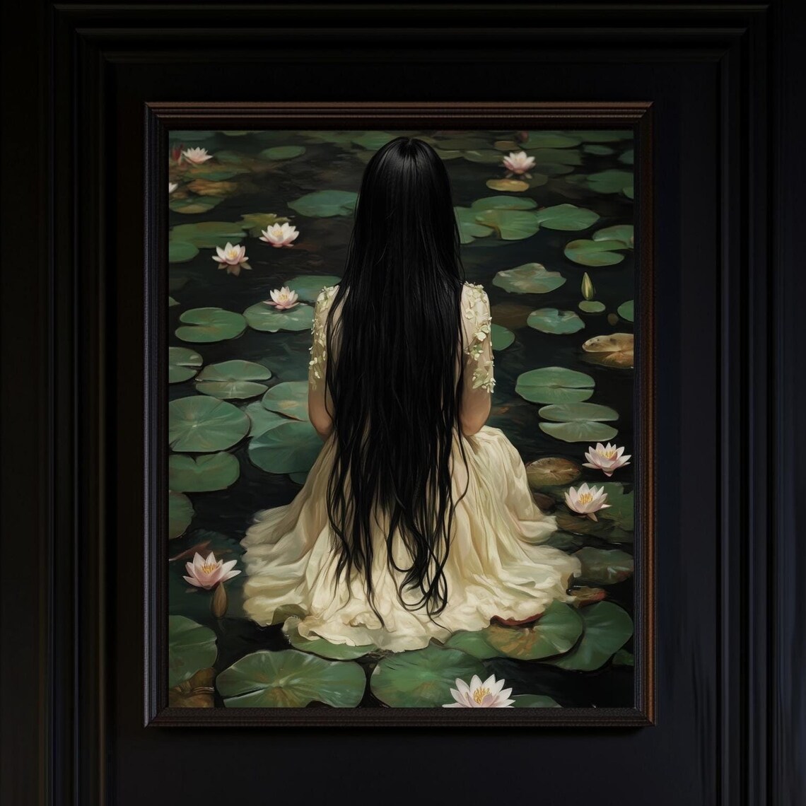 Ethereal Water Lily Art Long Black Hair Woman Pond Dreamy Poster