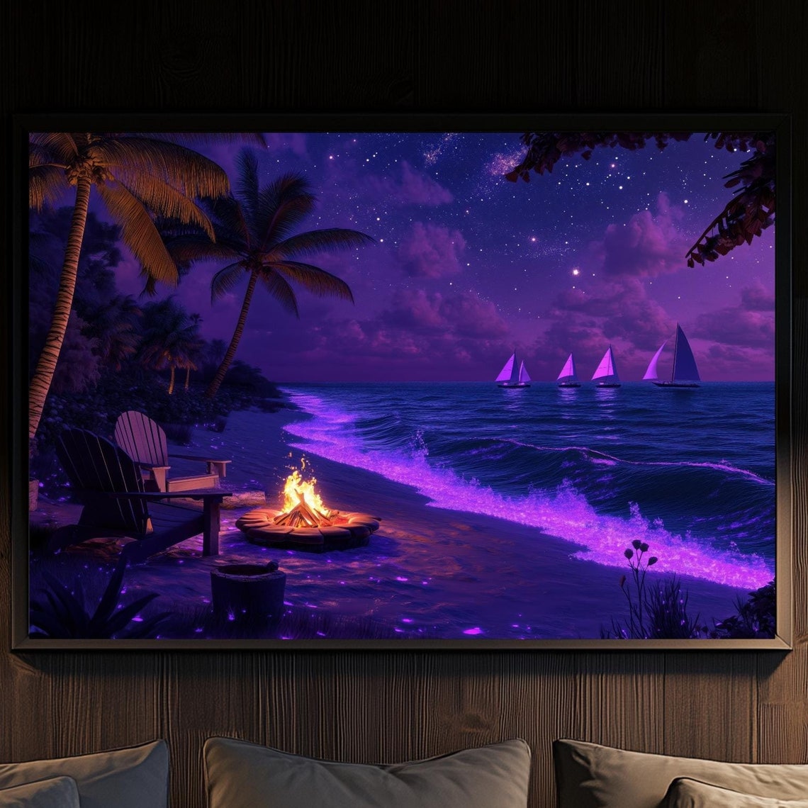 Starlit Beach Fire Pit Palms Glowing Purple Waves Sailboats Poster