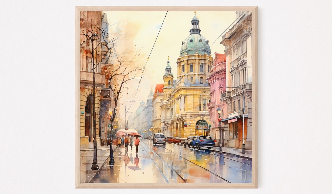 Rainy European Old Town Street With Umbrellas Watercolor Poster