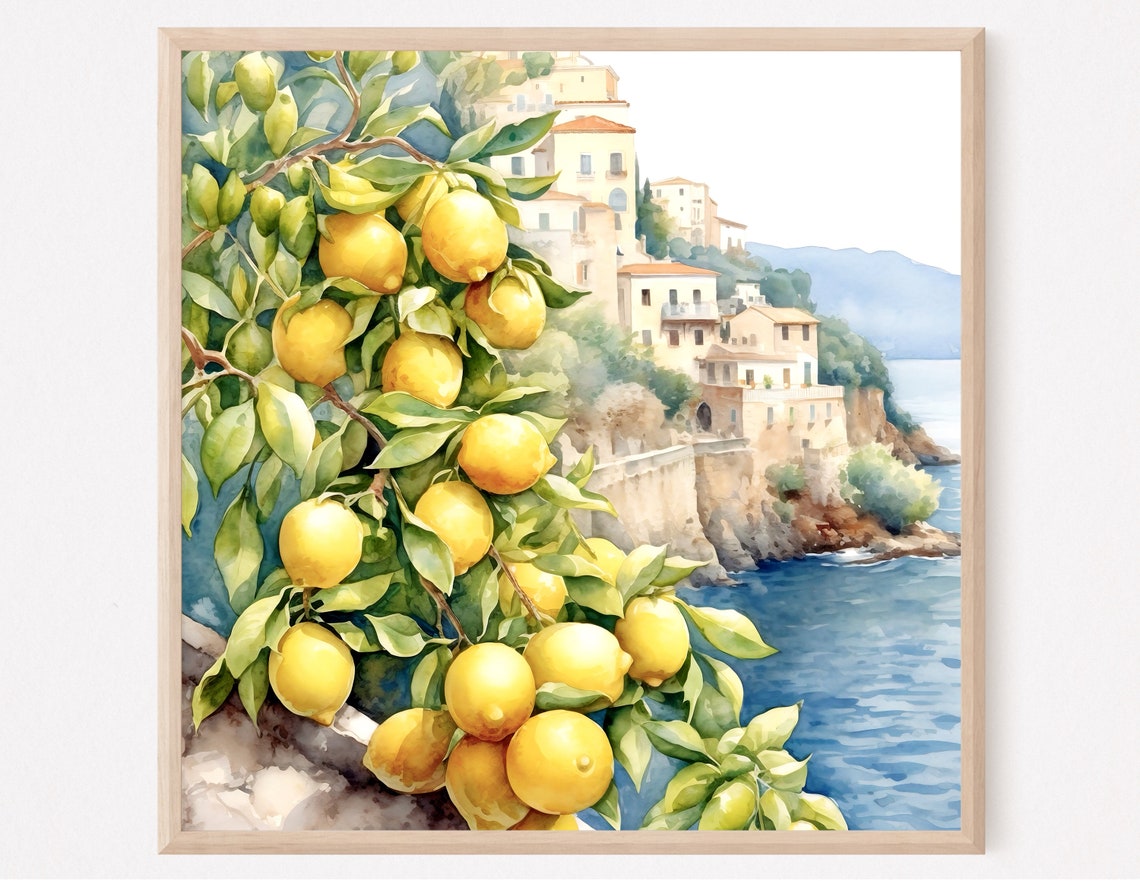 Amalfi Coast Lemons Watercolor Positano Cliffs Italian Seaside Poster