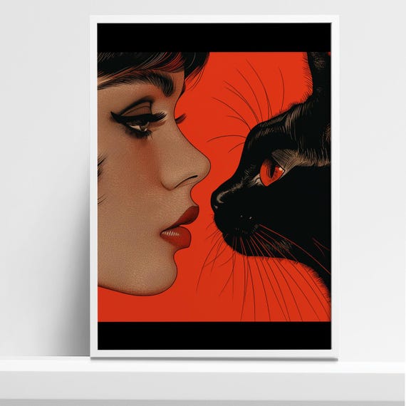Retro Minimalist Cat And Woman Poster Vintage Style Art Bold Red And Black Design