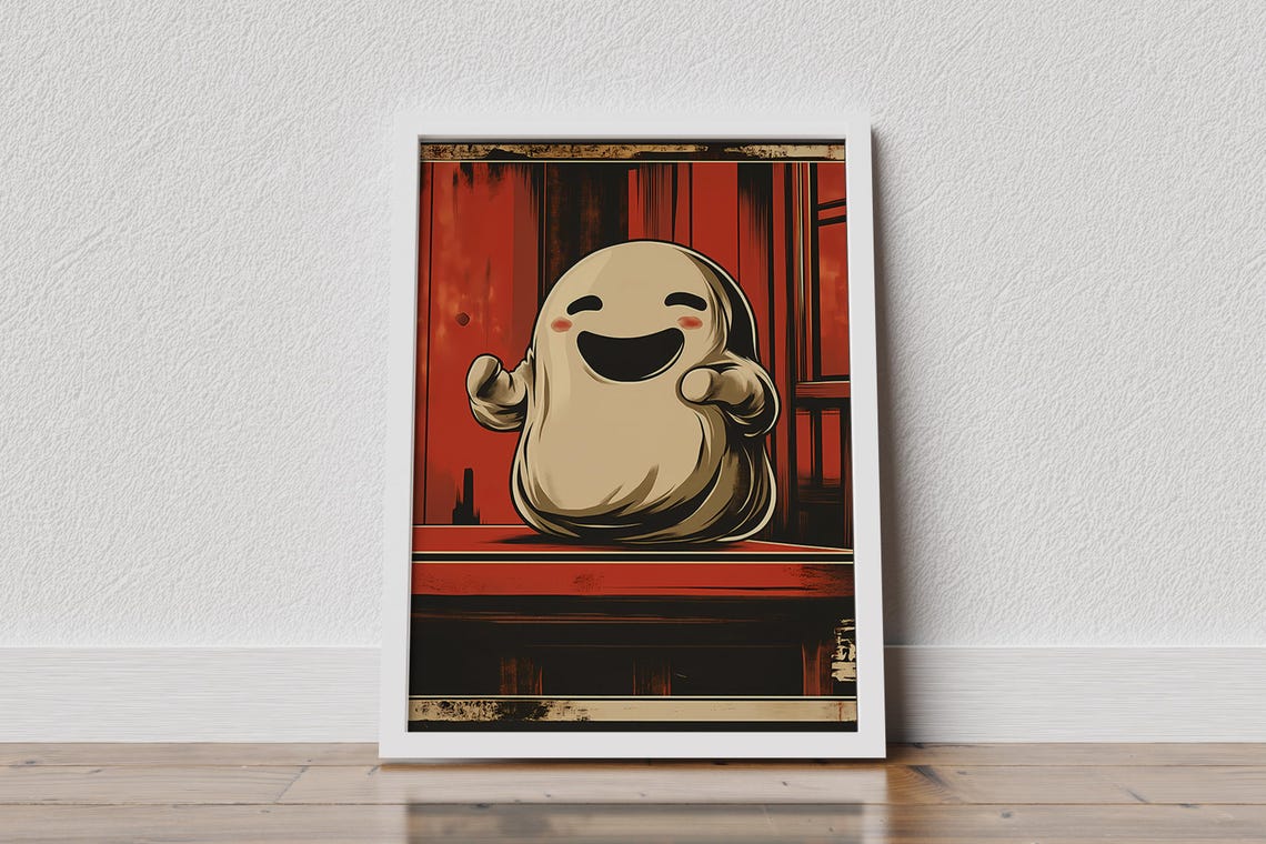 Cute Laughing Ghost in Front of a Red Japanese Backdrop Poster - Image 2