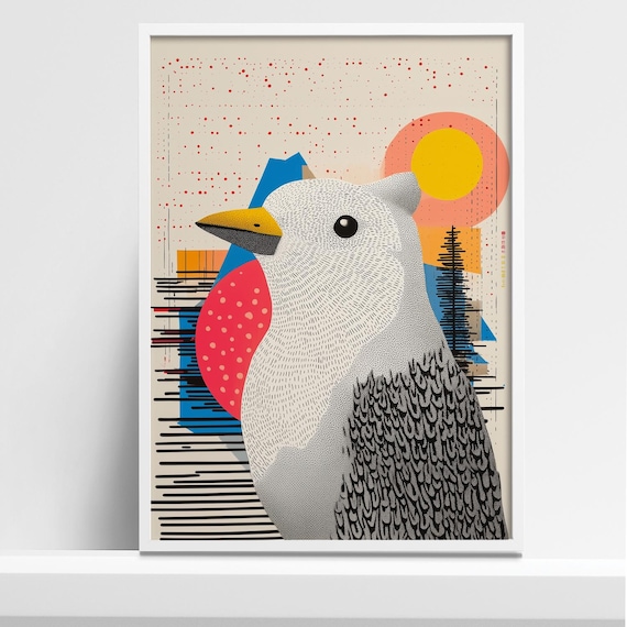 Modern Bird Collage Art Print Abstract Geometric Wildlife Illustration With Bold Colors Contemporary Wall Decor