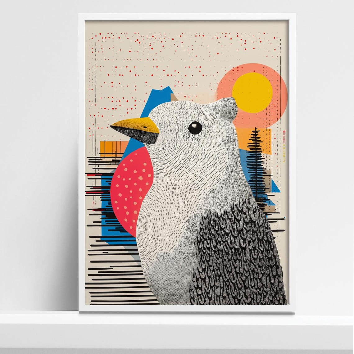Modern Stylized Geometric Bird With Sunrise Collage Art Poster