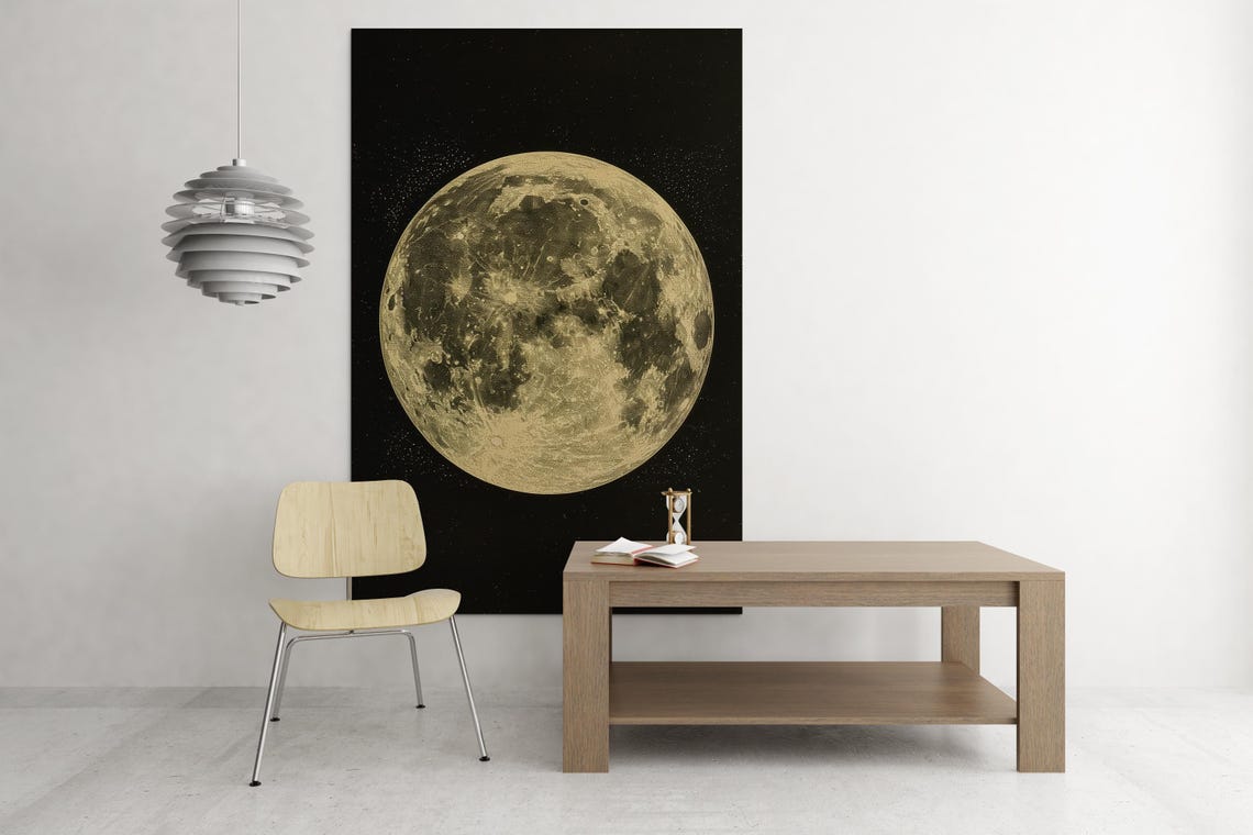Vintage Full Moon Illustration Against a Starry Black Sky Poster - Image 2