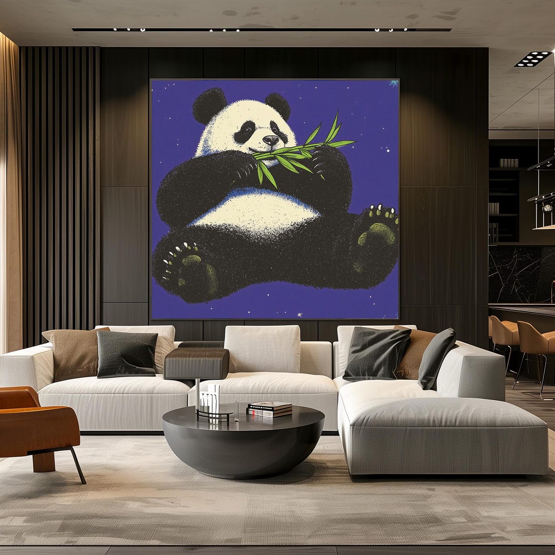 Adorable Panda Eating Bamboo Cute Animal Art Print With Starry Night Background - Image 3