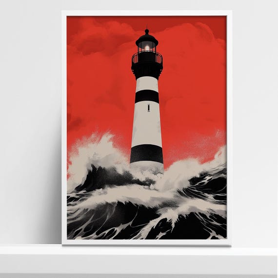 Dramatic Lighthouse Art Print Bold Red And Black Seascape Illustration Coastal Wall Decor