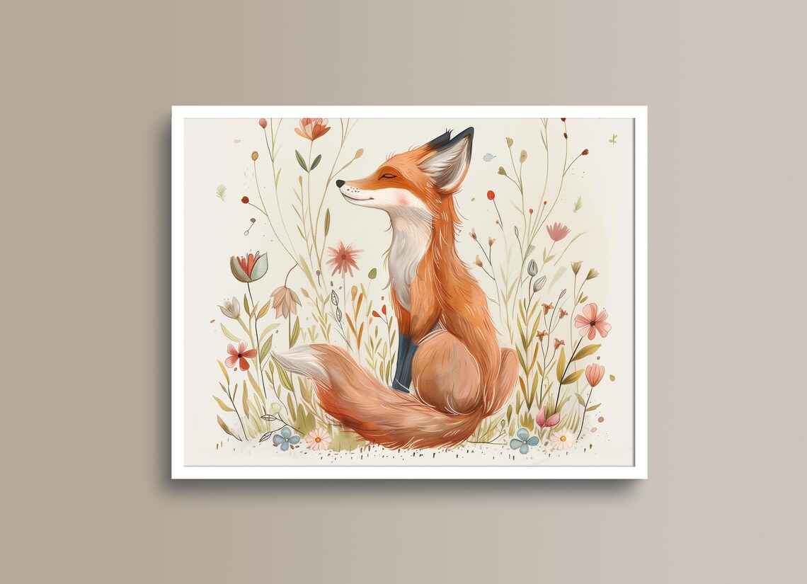 Whimsical Fox Sitting in a Wildflower Meadow Nursery Wall Art - Image 2