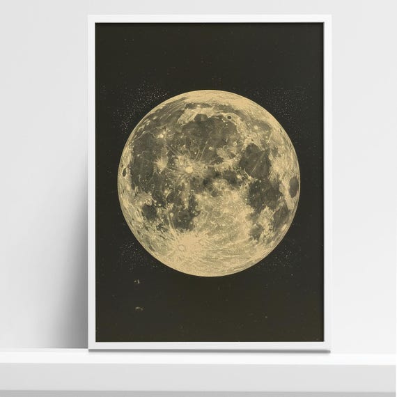 Vintage Moon Illustration Celestial Astronomy Art Antique Lunar Print Detailed Full Moon Poster