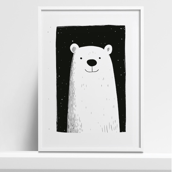 Minimalist Smiling Polar Bear Black and White Artwork Poster