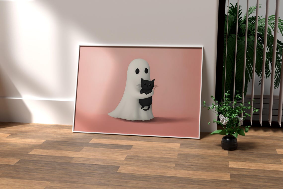 Cute Ghost Tenderly Hugging a Black Cat on a Pink Background Poster - Image 3